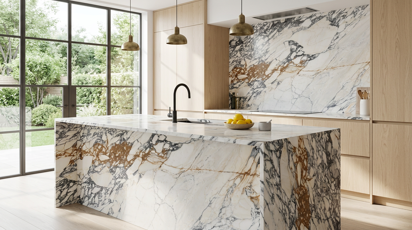 Arabescato Corchia marble on a waterfall kitchen island and backsplash in a modern kitchen