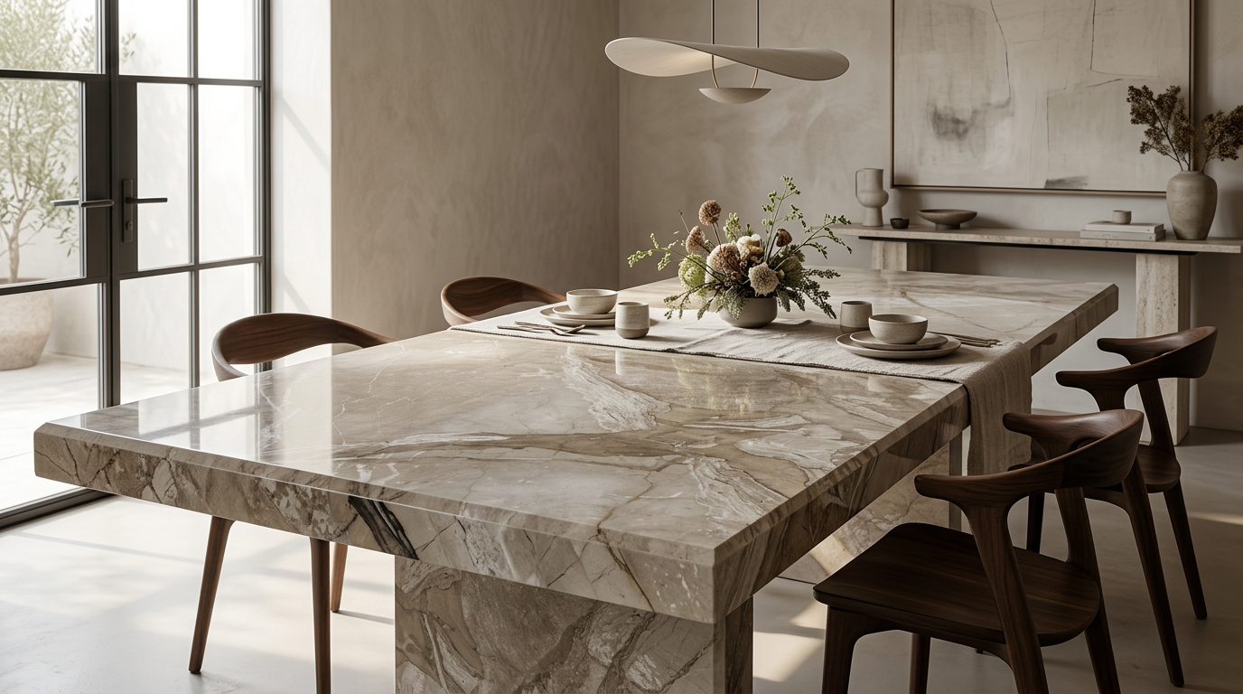 Breccia Siciliana marble as a large dining tabletop in a refined dining room