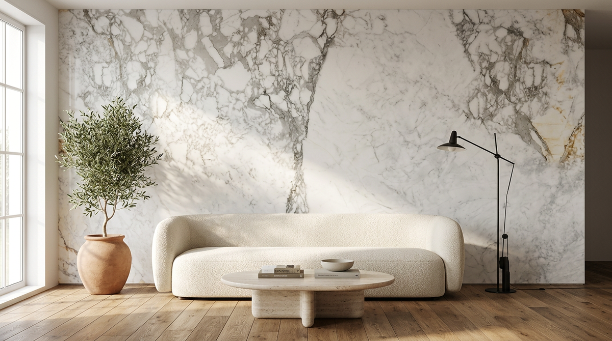 Calacatta Gold marble book-matched feature wall — in-situ render