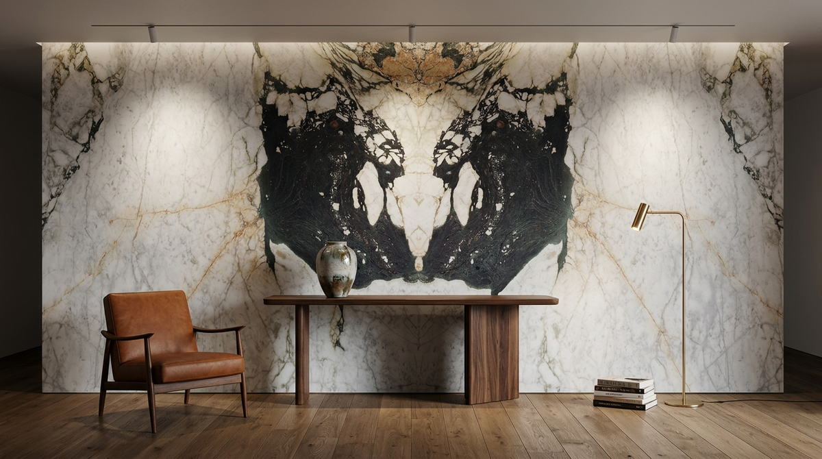 Calacatta Monet marble book-matched feature wall — in-situ render
