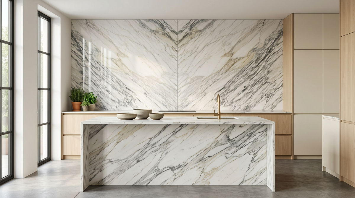 Calacatta Vagli marble waterfall island and backsplash — in-situ render