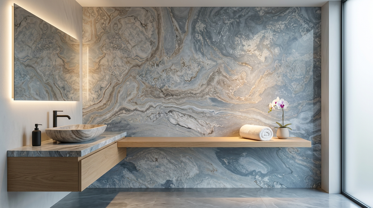 Palissandro Bluette marble book-matched feature wall and vanity — in-situ render