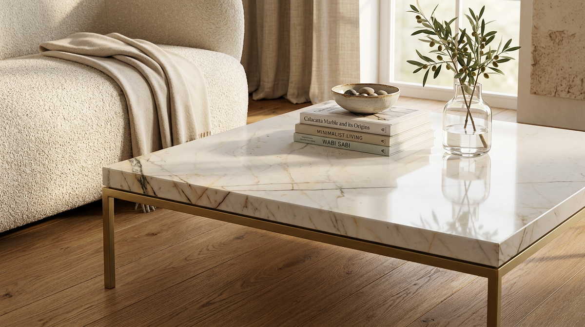 Calacatta Gold marble coffee table — in-situ render