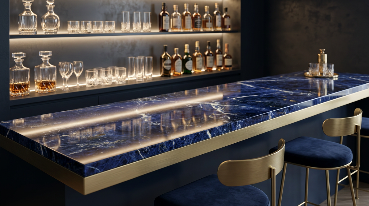 Blue Sodalite bar top — in-situ render