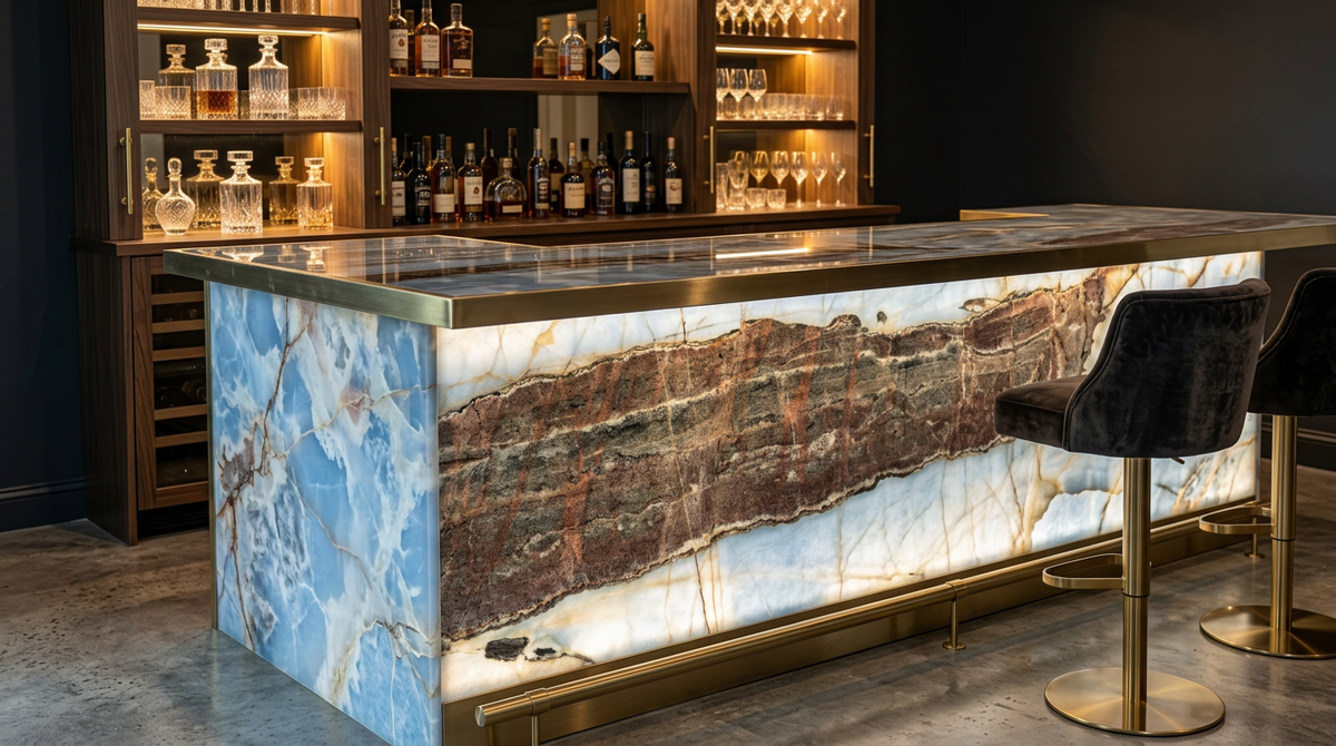 Blue Onyx backlit bar counter — in-situ render