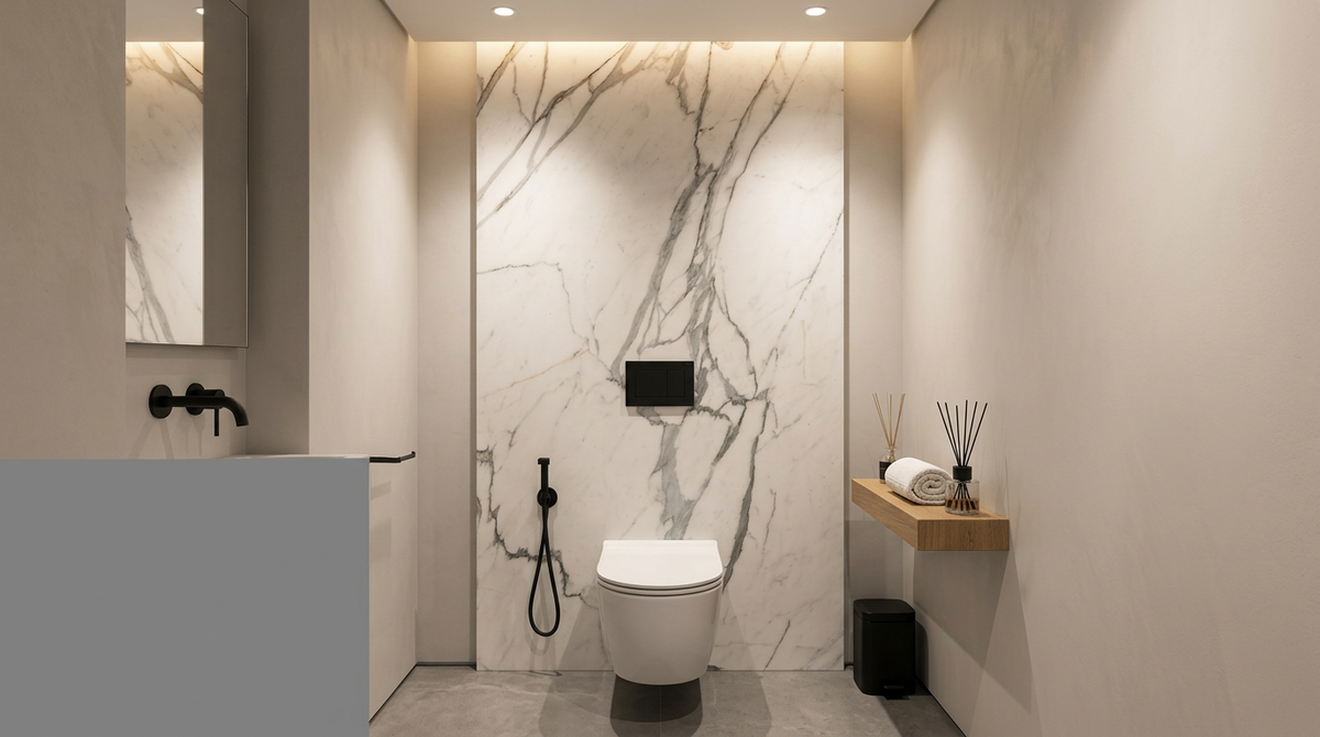 Statuario Premium marble powder-room accent panel — in-situ render